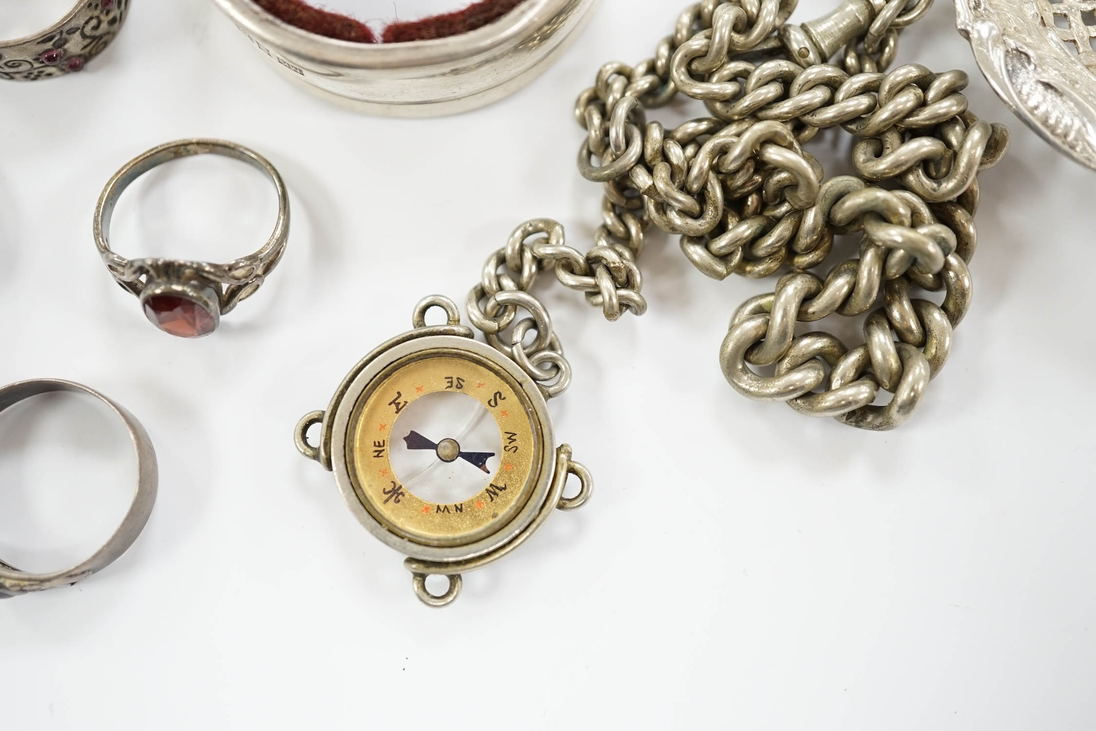 Sundry small silver and white metal items including, napkin ring, continental pierced spoon, etc.